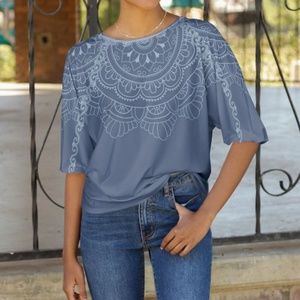 NWT! Aimee | Cream & Blue Abstract Round-Neck Three-Quarter Sleeve Top TB1-29